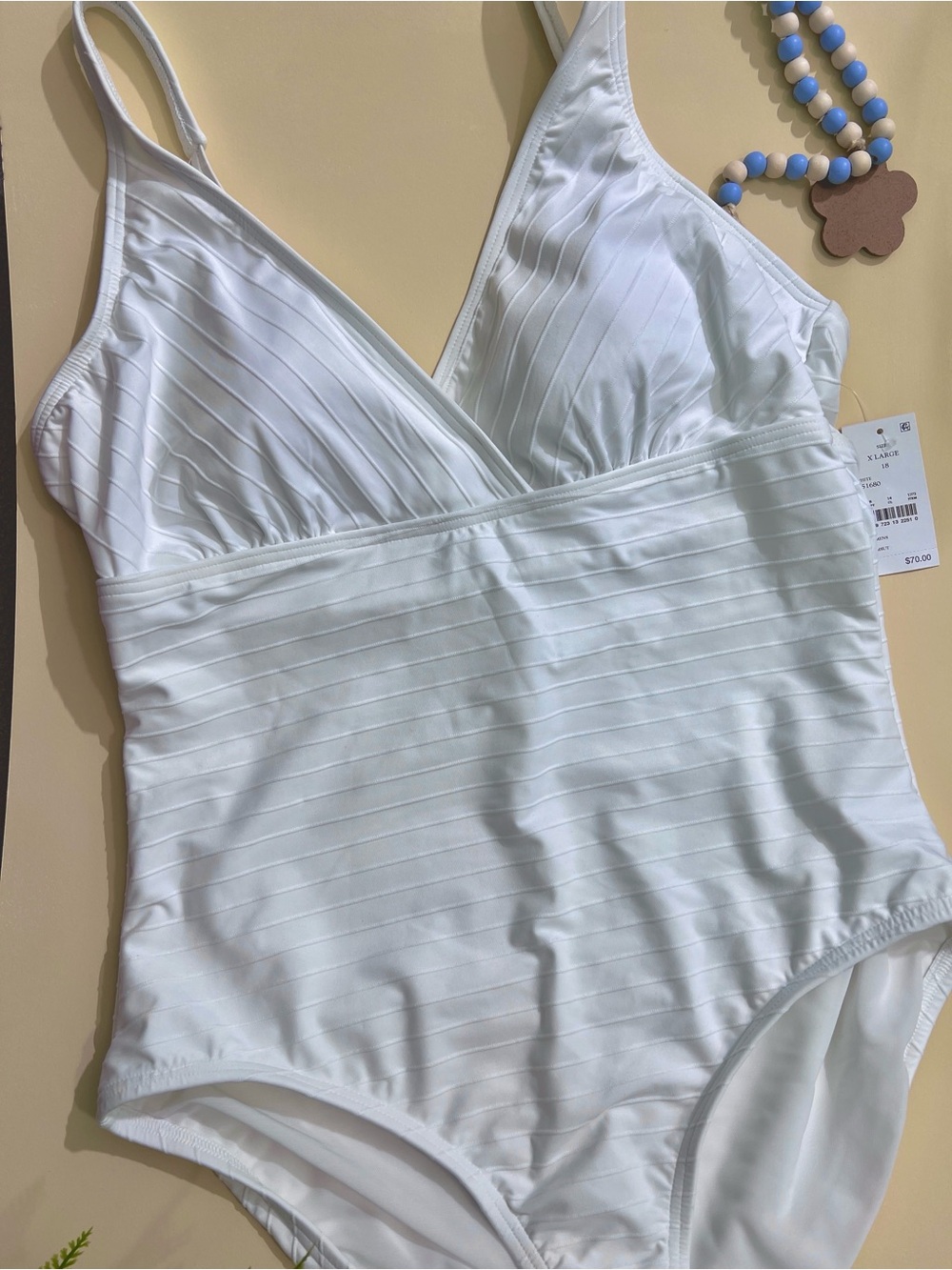 Lands’ End Size XL White Ribbed V-Neck One-Piece Swimsuit - Picture 3 of 7